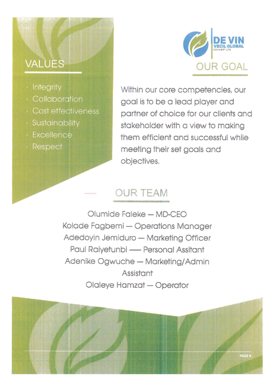 Values and team page from company profile